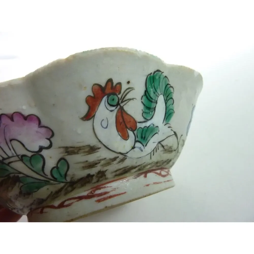 Vintage Chinese Ceramic Rooster Bowl Hand Painted Blue White Floral Footed